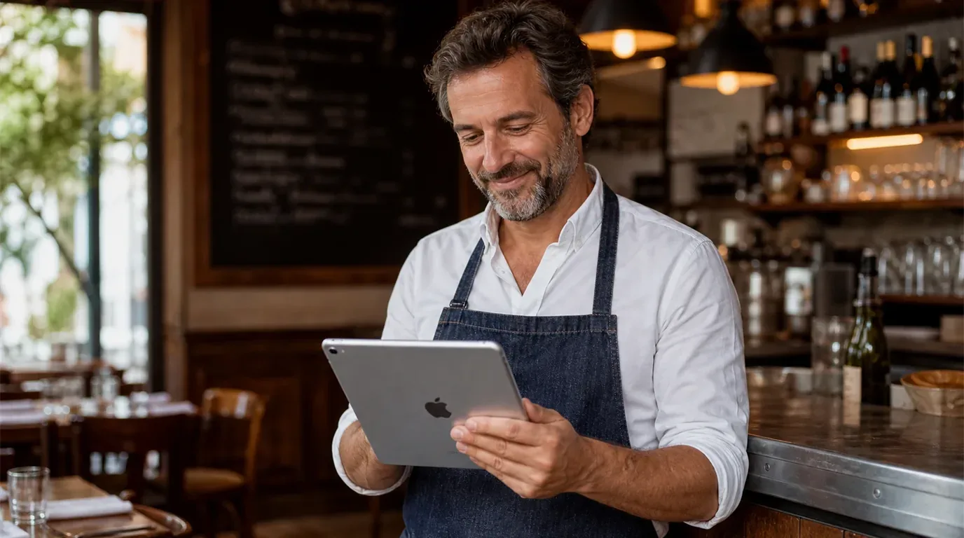 restaurateur tablette en main qui regarde ses réservation