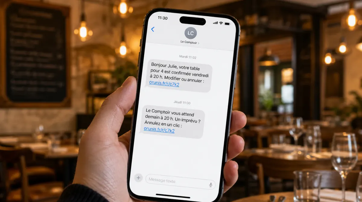 téléphone dans la main d'un restaurateur avec des messages de rappels et confirmations