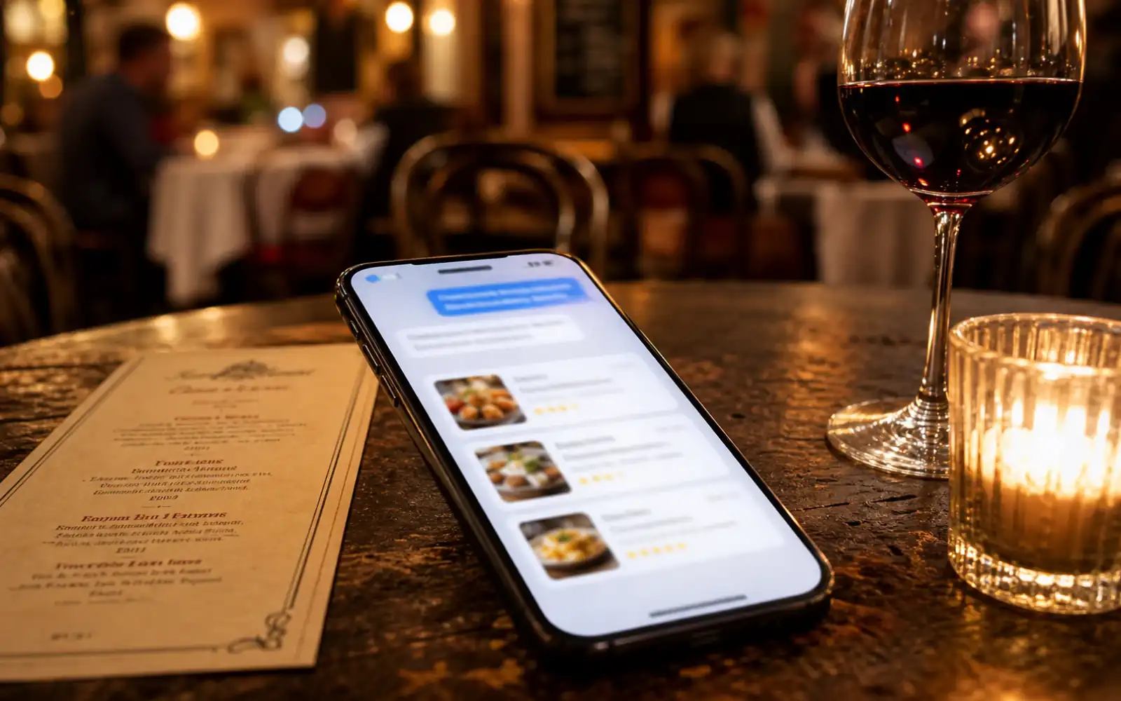 téléphone posé dans salle de restaurant et telephone qui recherche un restaurant